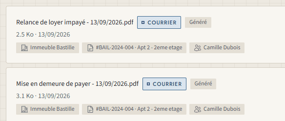 Deux courriers générés par l’application, une relance de loyer impayé et une mise en demeure, rattachés au bail et au locataire.