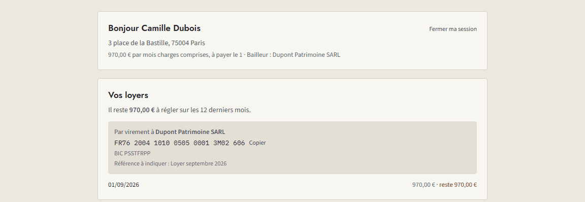 Espace locataire de Camille Dubois : son adresse, son loyer de 970 € charges comprises, ce qu’il reste à régler, et le RIB du bailleur avec la référence à indiquer.