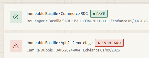 Deux échéances de septembre : un loyer commercial payé, un appartement en retard, avec le locataire et la référence du bail.