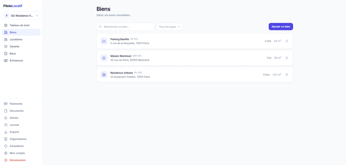 Interface de gestion des biens immobiliers. lots, locataires et baux