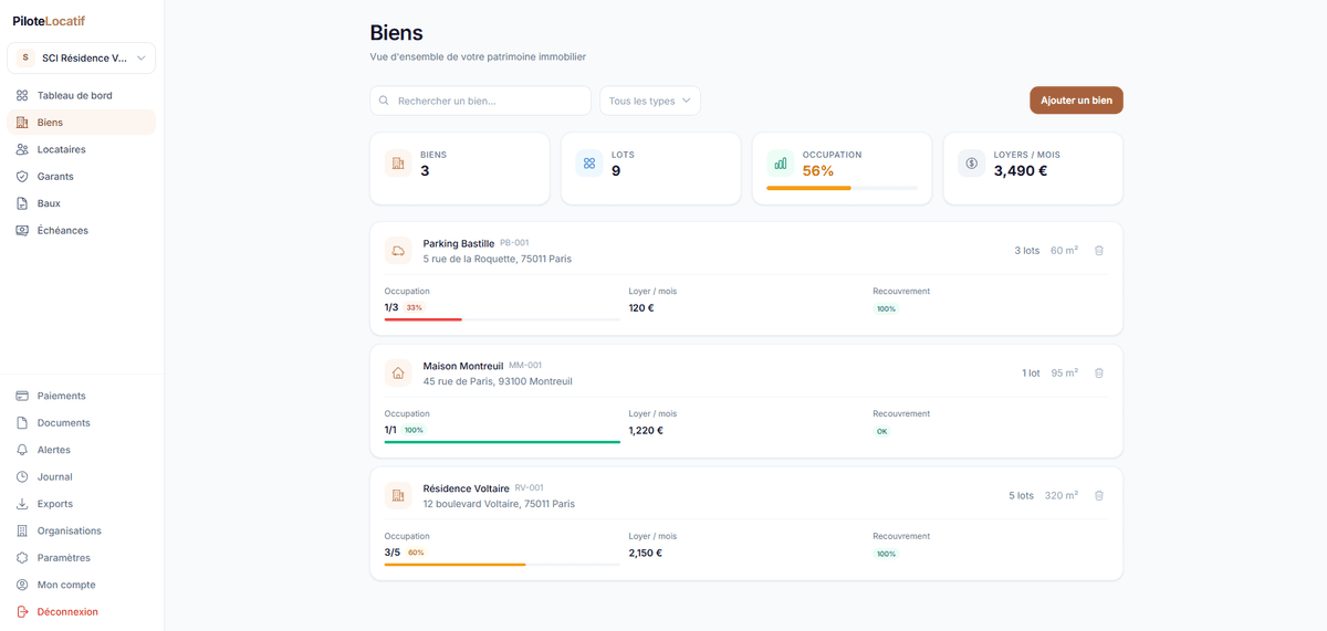 Interface de gestion des biens locatifs : lots, locataires et baux