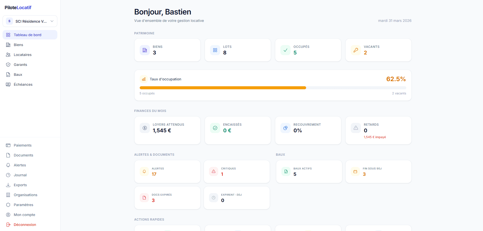 Tableau de bord PiloteLocatif. vue d'ensemble des biens, loyers et alertes