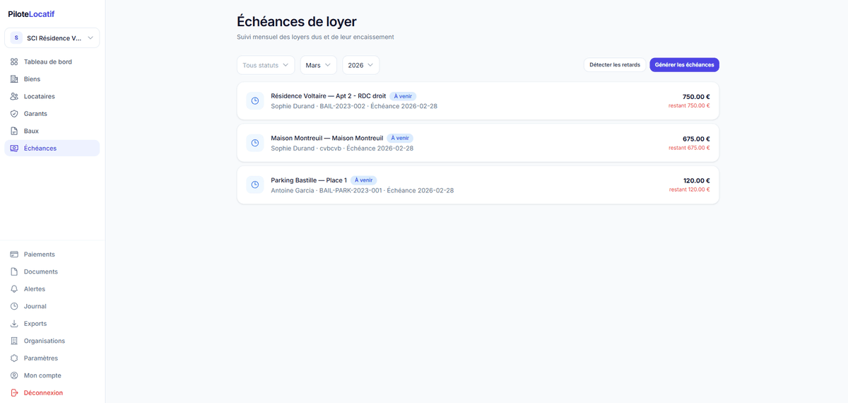 Suivi des loyers et quittances. encaissements et alertes de retard